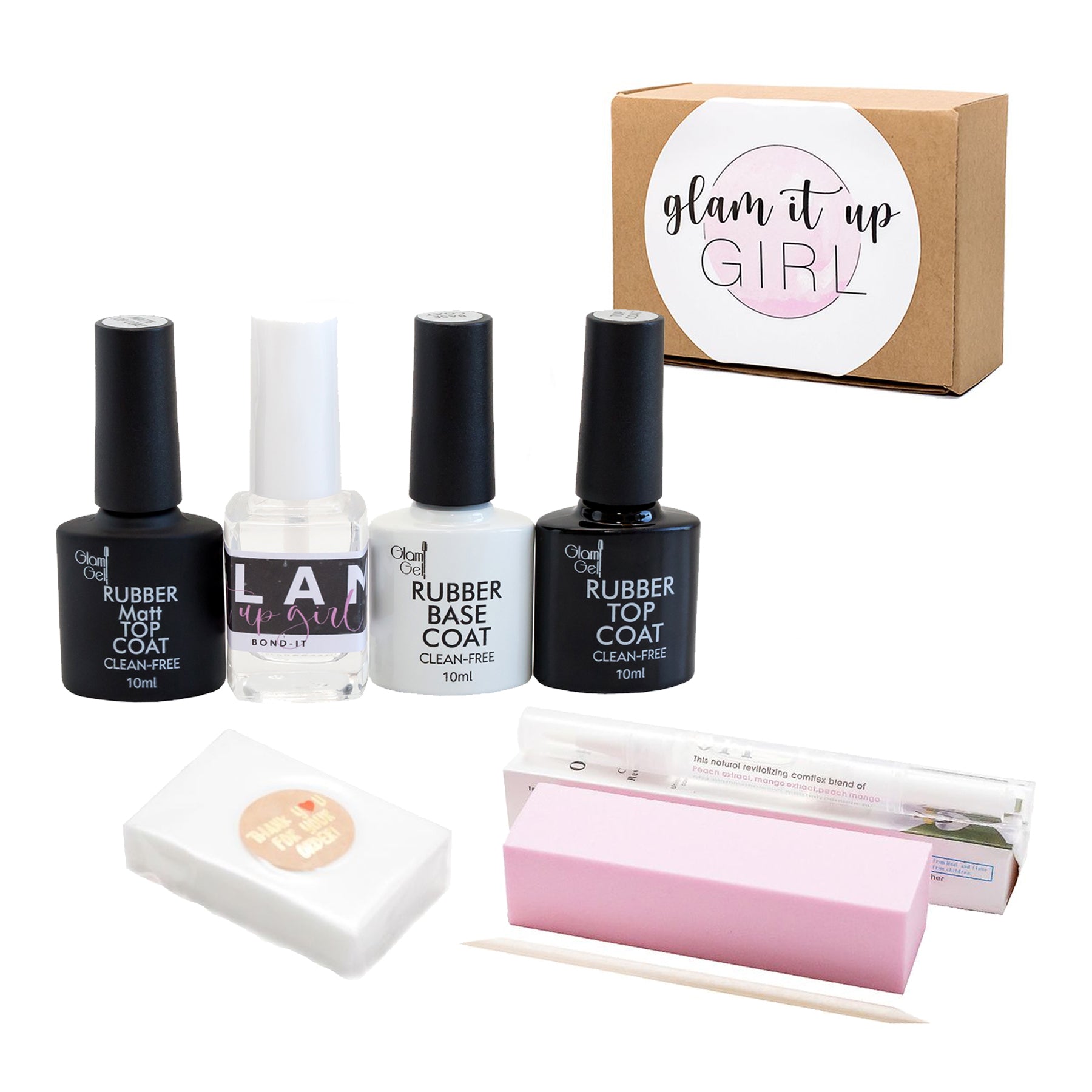 Topui Kit Glam It Up Girl UV LED Glam Gel Rubber Base, Top, Matte Top Up Kit